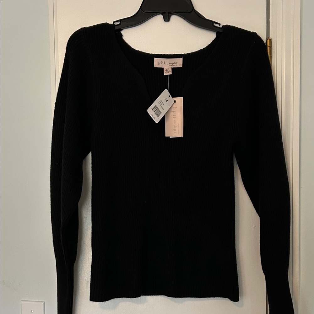 Philosophy Elegant Black Ribbed V neck Sweater